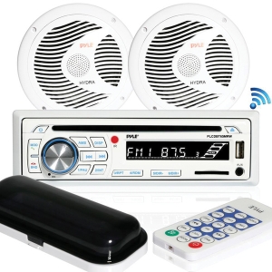  Marine Single-DIN In-Dash CD AM/FM Receiver with Two 6.5" Speakers, Splashproof Radio Cover & Bluetooth (White)